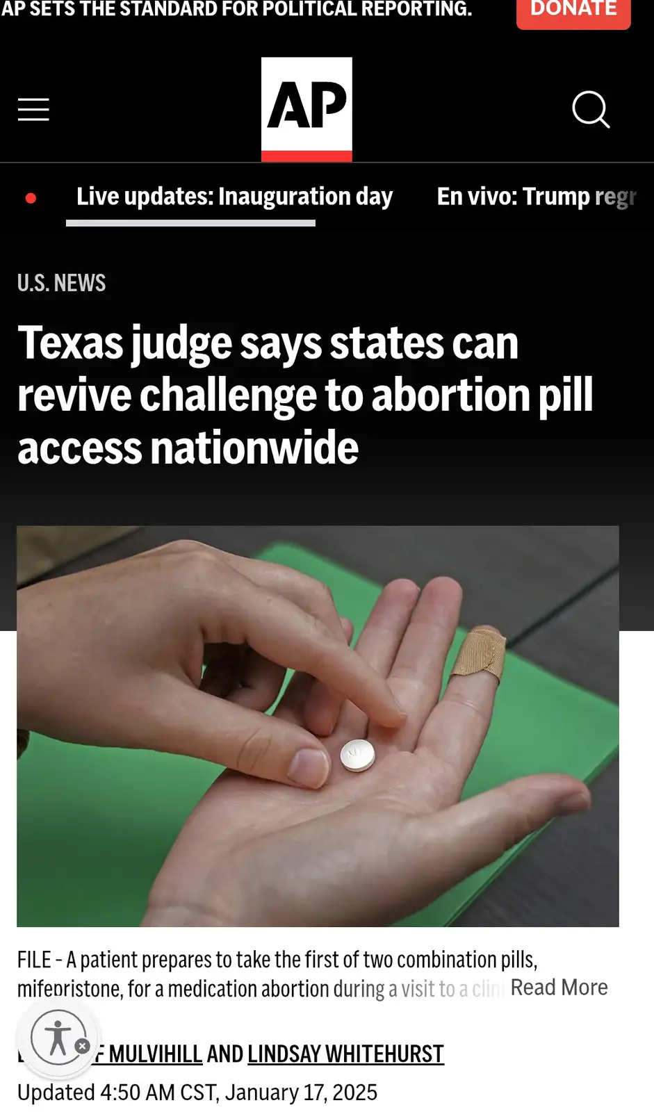 A screenshot of an Associated Press news article headline about a Texas judge's ruling on abortion pill access, overlaid…