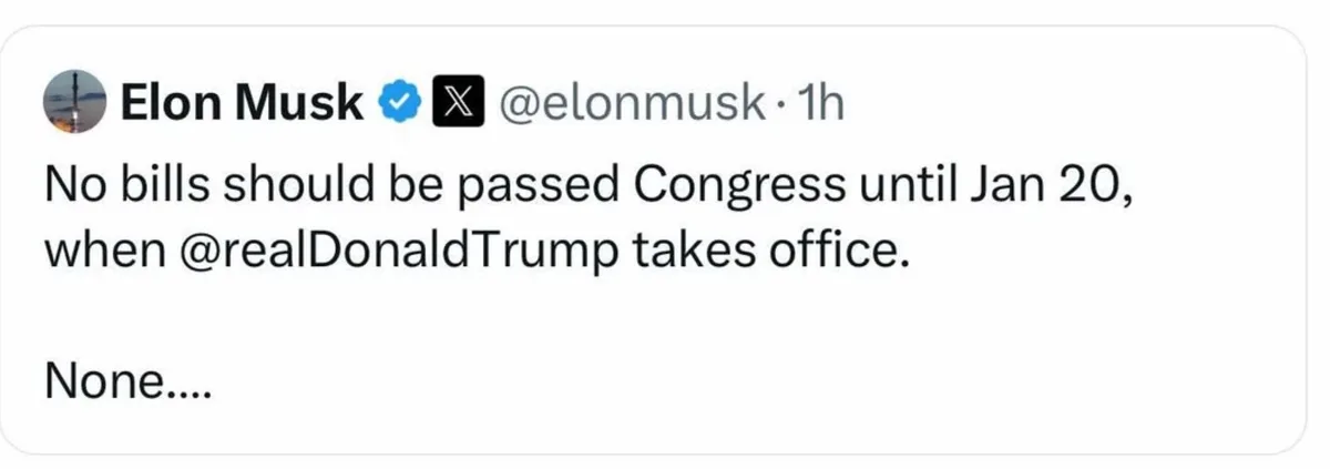 A screenshot of a tweet from Elon Musk's verified X account, which reads 'No bills should be passed Congress until Jan 20…