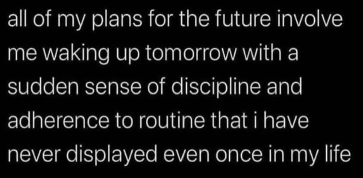The image is a solid black background with white text that reads: 'all of my plans for the future involve me waking up…