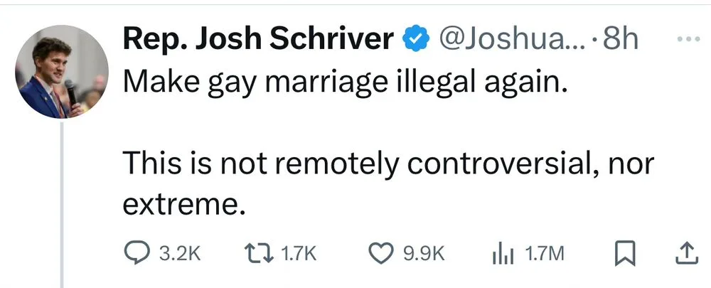 A screenshot of a tweet from Rep. Josh Schriver's verified Twitter account, showing his profile picture and a tweet that…