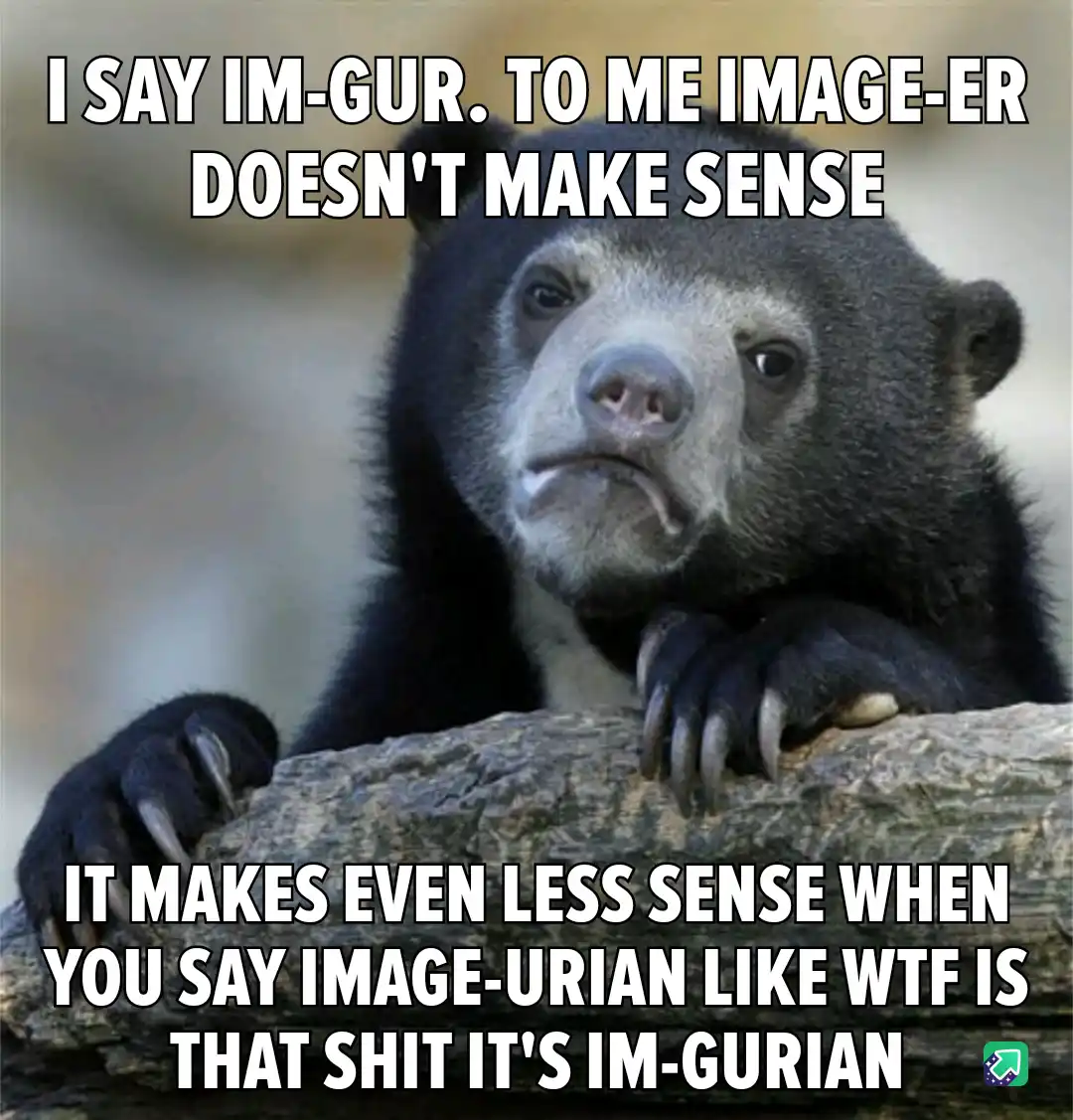 A close-up photo of a confused-looking sun bear resting its paws on a log, with white bold text overlaid in two sections…