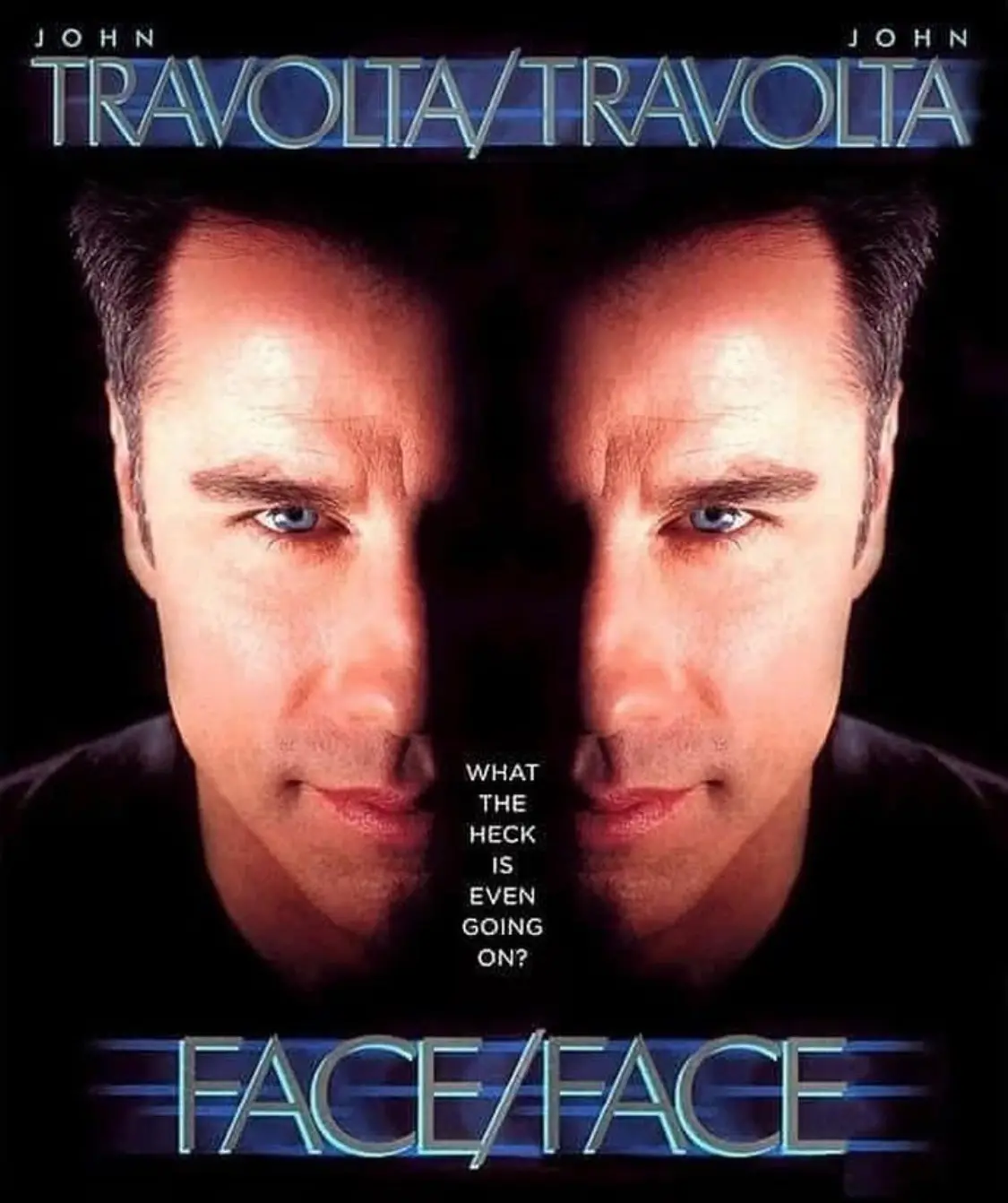 The image is a movie poster parody featuring actor John Travolta's face split vertically, with his name repeated above and…