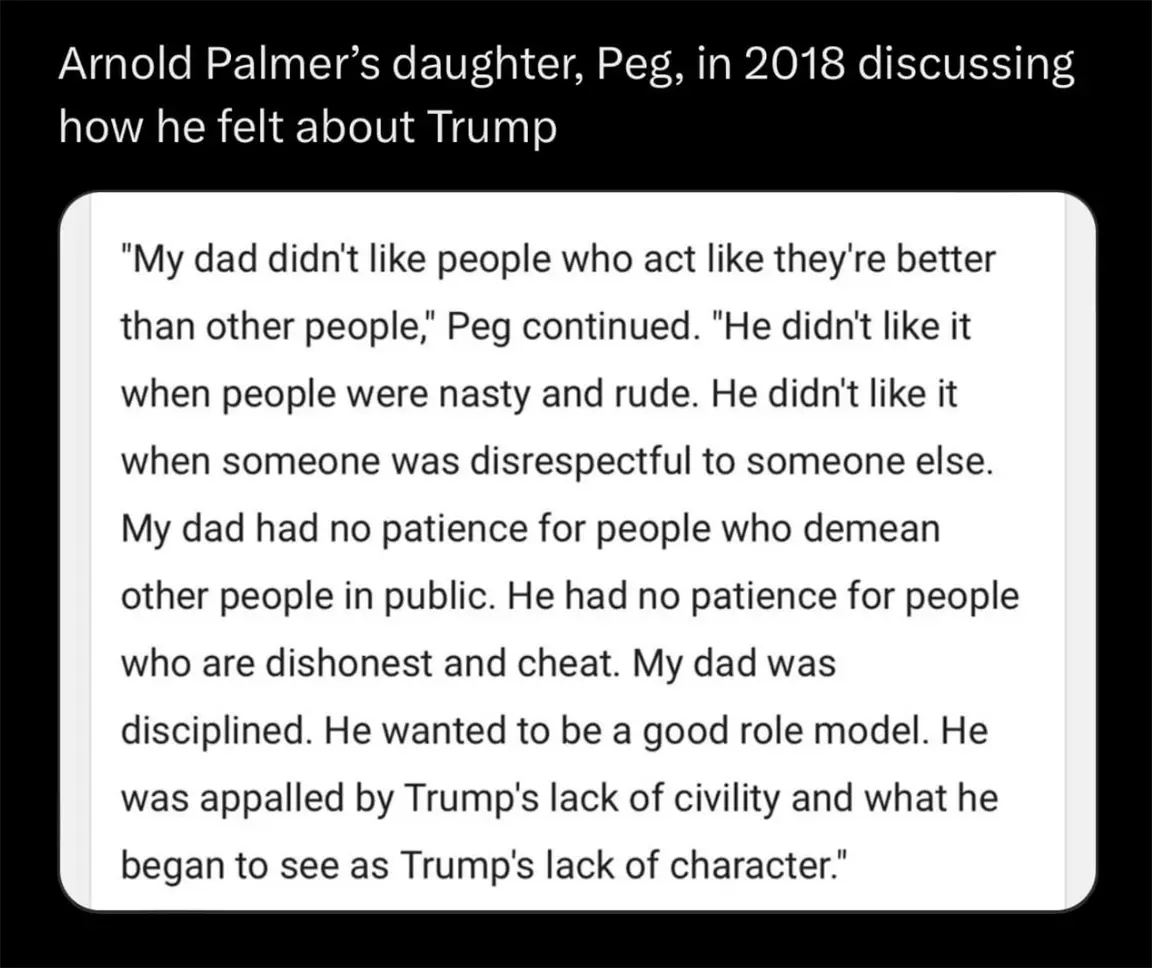 A black background with white text at the top reads 'Arnold Palmer's daughter, Peg, in 2018 discussing how he felt about…