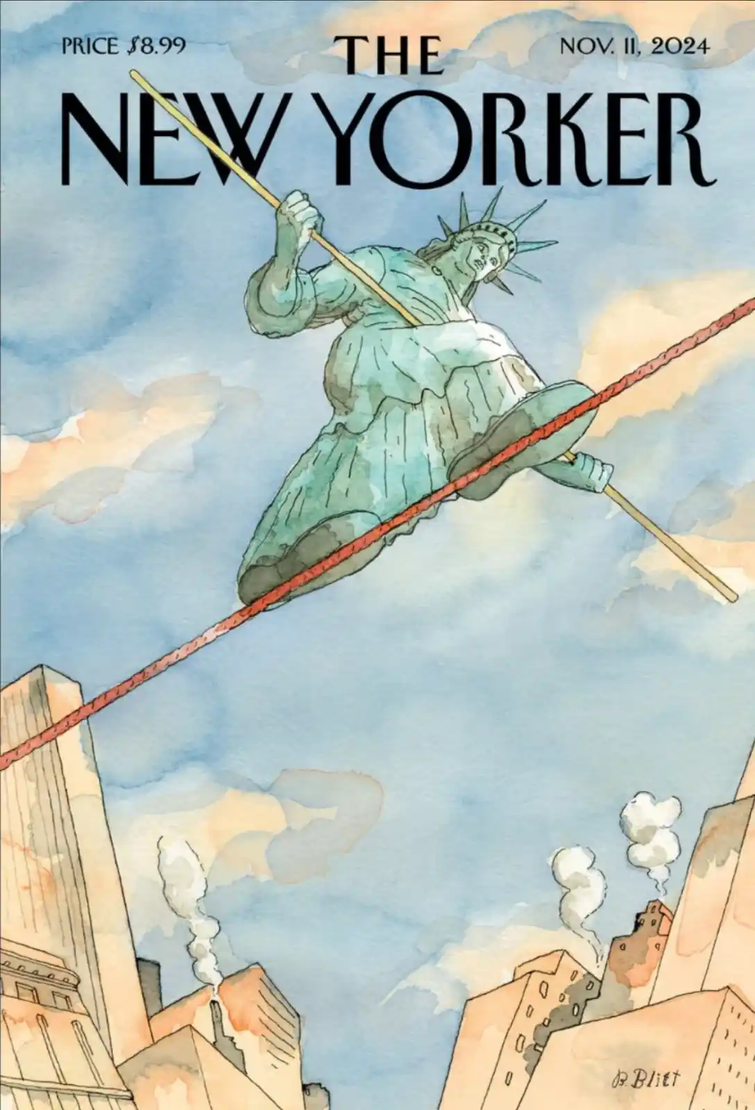 The image is a watercolor illustration of the Statue of Liberty balancing on a red tightrope suspended between two city…