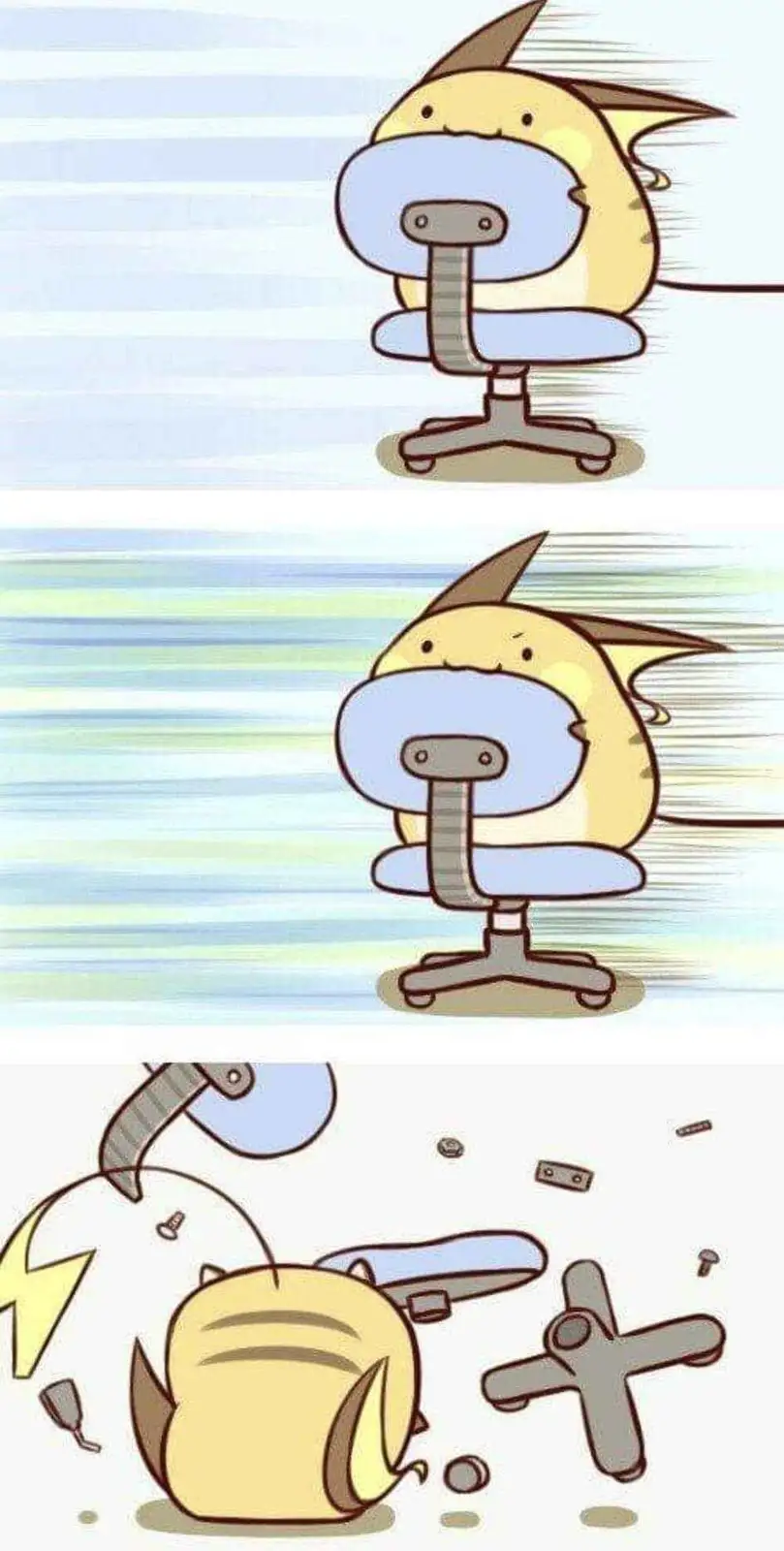 The image shows a three-panel cartoon of a yellow, cat-like creature with brown ears and a tail. In the first two panels…