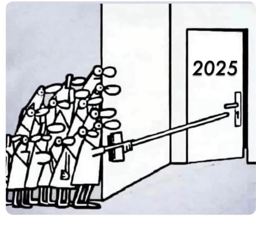 A black-and-white cartoon depicts a large crowd of stick-figure people in lab coats pushing a long pole against a door…