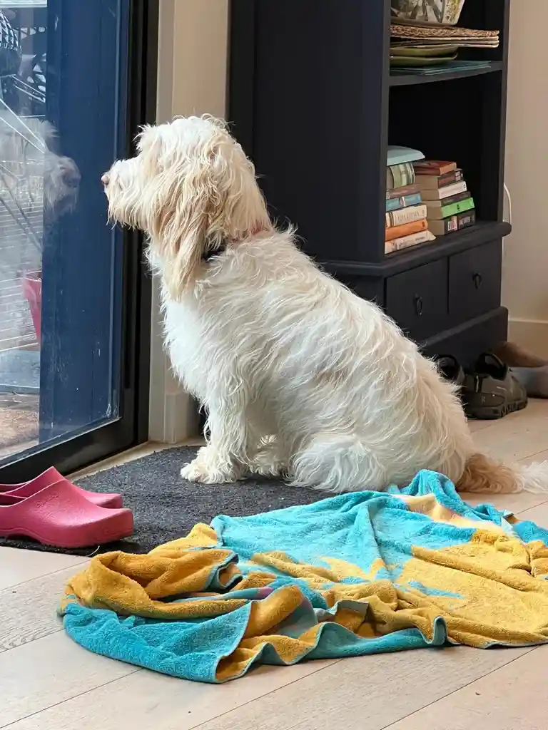 A fluffy white dog sits patiently on a rug indoors, gazing out a glass door at its own reflection. A colorful blue and…
