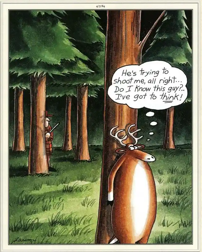 A cartoon deer stands behind a tree in a forest, looking concerned as it ponders whether it knows the hunter hiding behind…