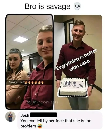 A split-screen image shows a man smiling confidently while holding a cake with 'PROBLEM SOLVER' and two figures on it…