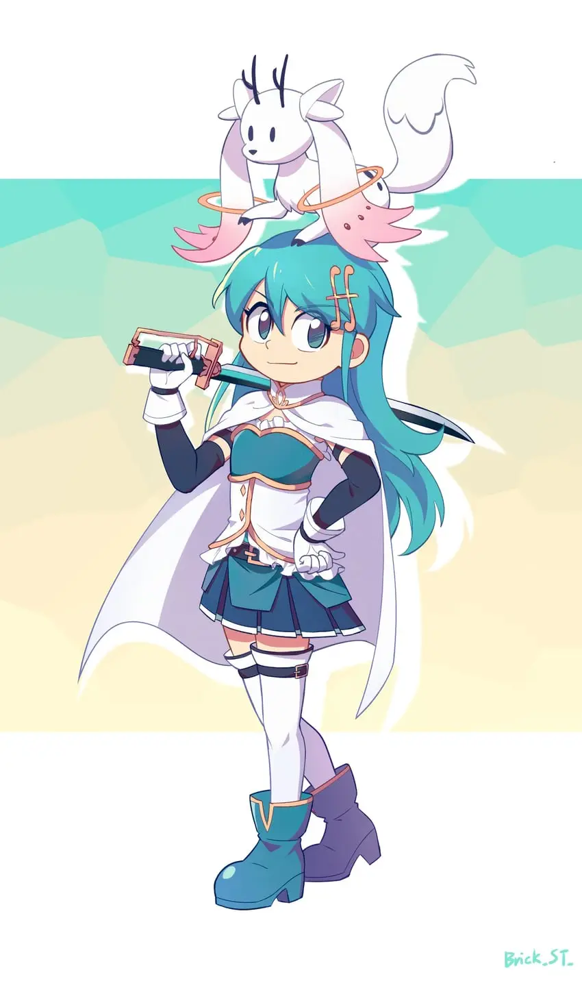 An anime-style girl with teal hair and a white cape holds a sword while a small white creature with a pink tail sits atop…