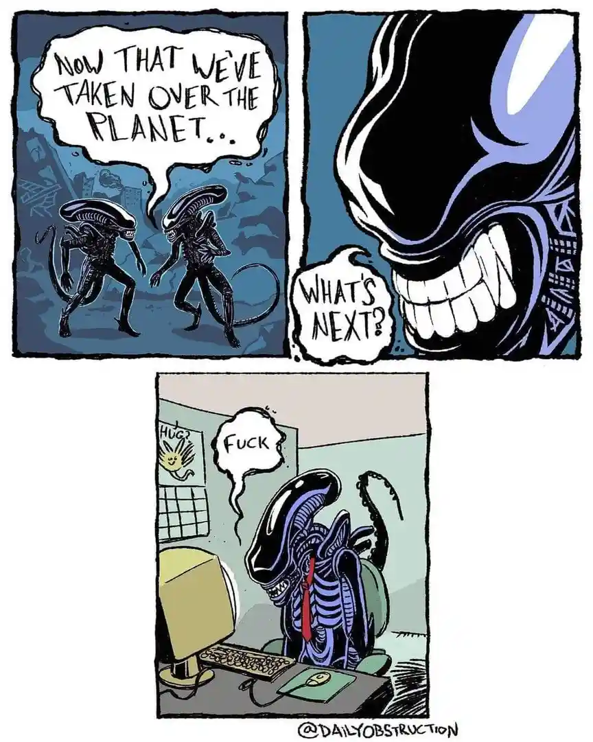 A three-panel comic strip featuring aliens. The first panel shows two aliens walking through a ruined city, one saying 'Now…