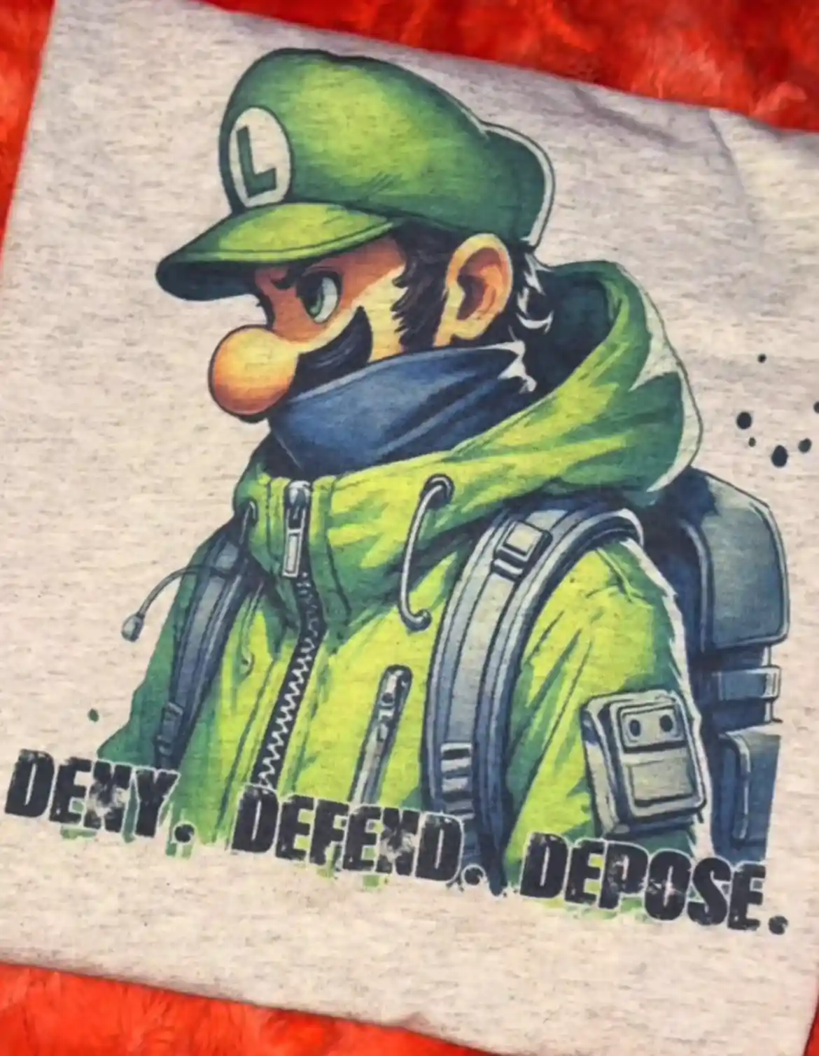 A gray t-shirt features a stylized illustration of Luigi, the green-clad video game character, wearing a green cap with an…