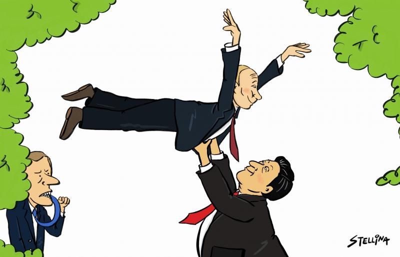 A cartoon depicts a man in a dark suit and red tie being lifted high into the air by another man in a dark suit and red tie…