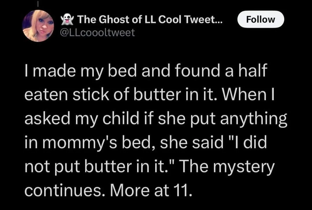 A screenshot of a tweet from 'The Ghost of LL Cool Tweet...' with a profile picture of a woman. The tweet text describes…