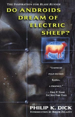 The image is the cover of Philip K. Dick's novel 'Do Androids Dream of Electric Sheep?' featuring a close-up of a human face…