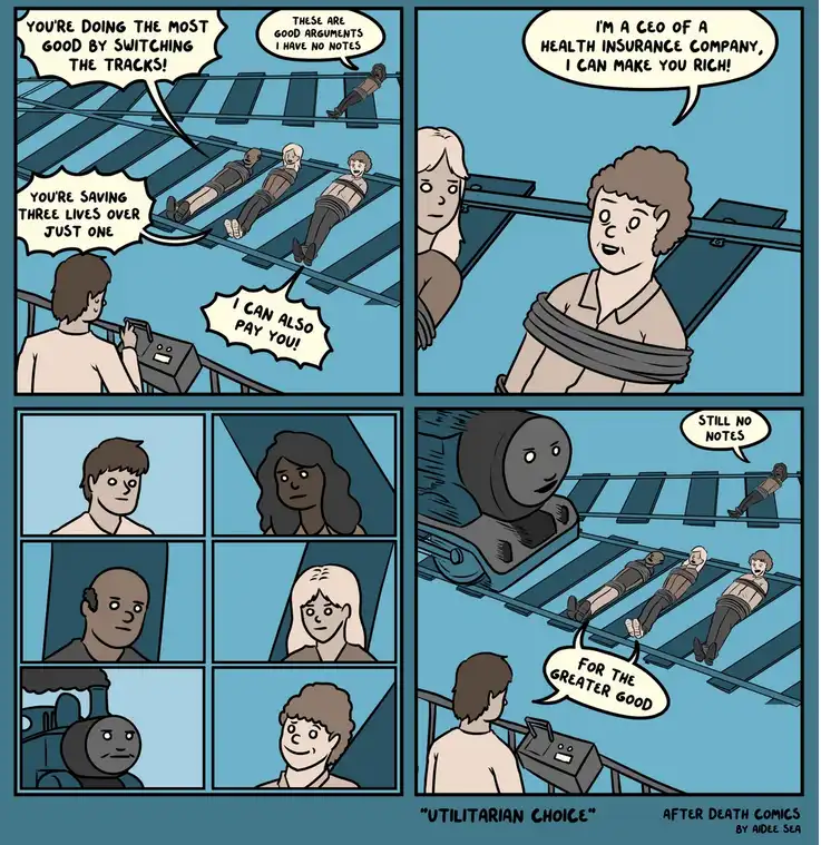 A four-panel comic depicts a person at a trolley switch, choosing to divert a train to kill one person to save three, while…