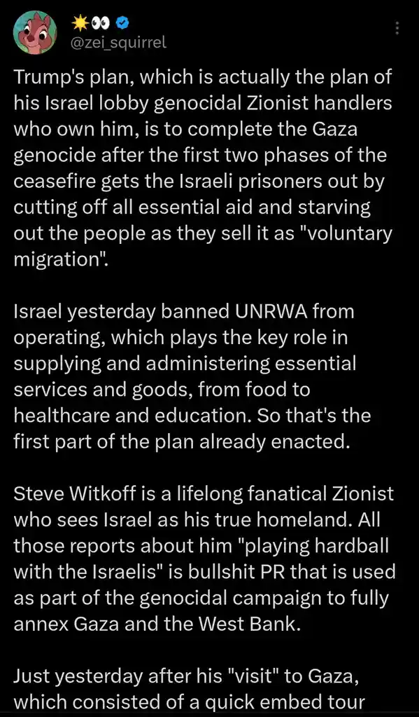 A black-background image displays a lengthy white text post from a Twitter/X account named @zei_squirrel. The text is a…