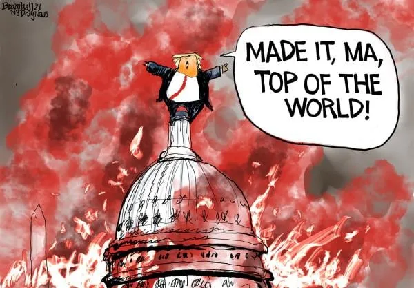 A cartoon depicts a caricature of Donald Trump standing triumphantly atop the burning dome of the U.S. Capitol building…