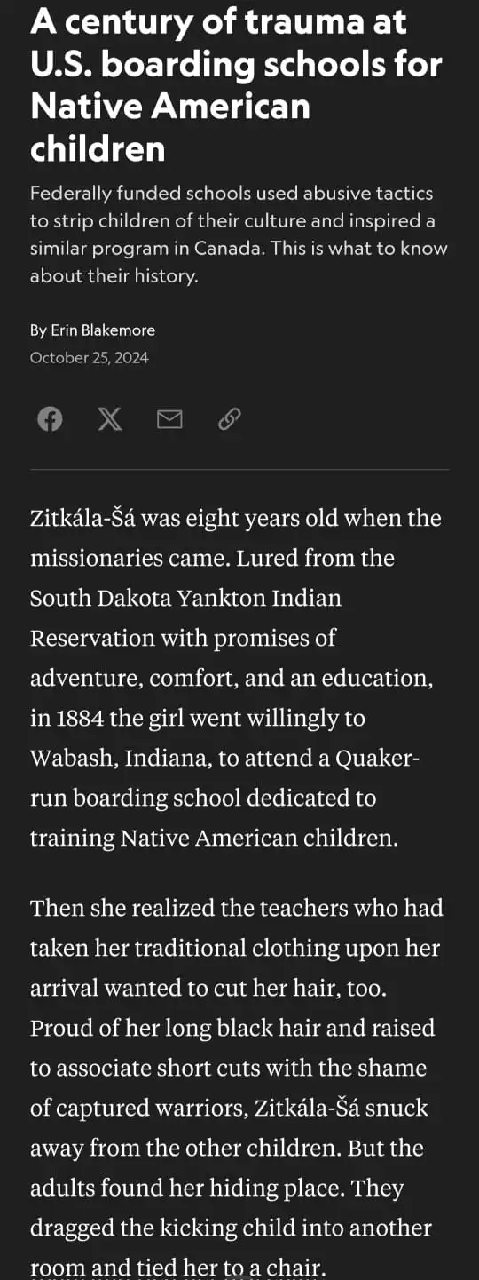 A screenshot of a news article titled 'A century of trauma at U.S. boarding schools for Native American children' by Erin…