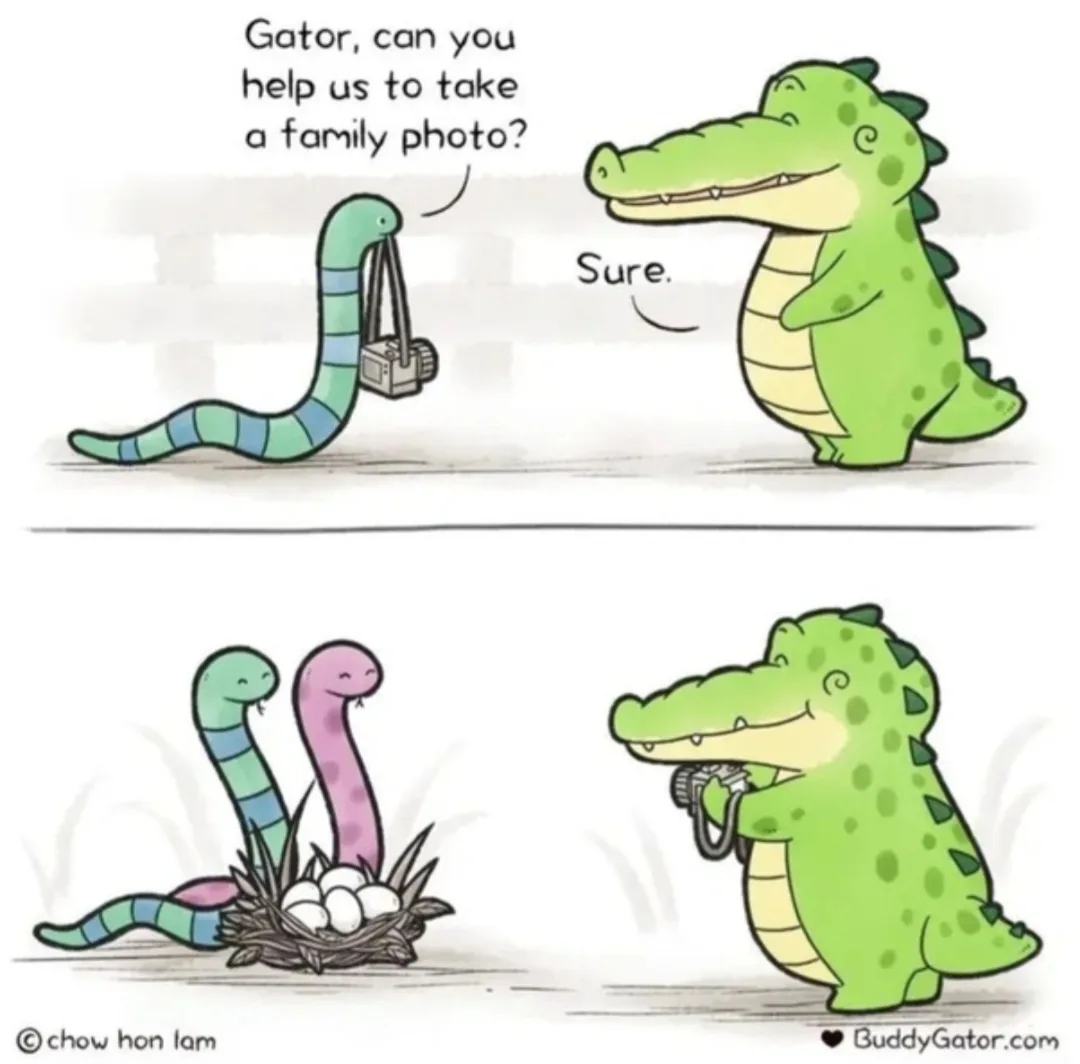A two-panel cartoon shows a striped snake holding a camera and asking a green alligator for help taking a family photo. The…