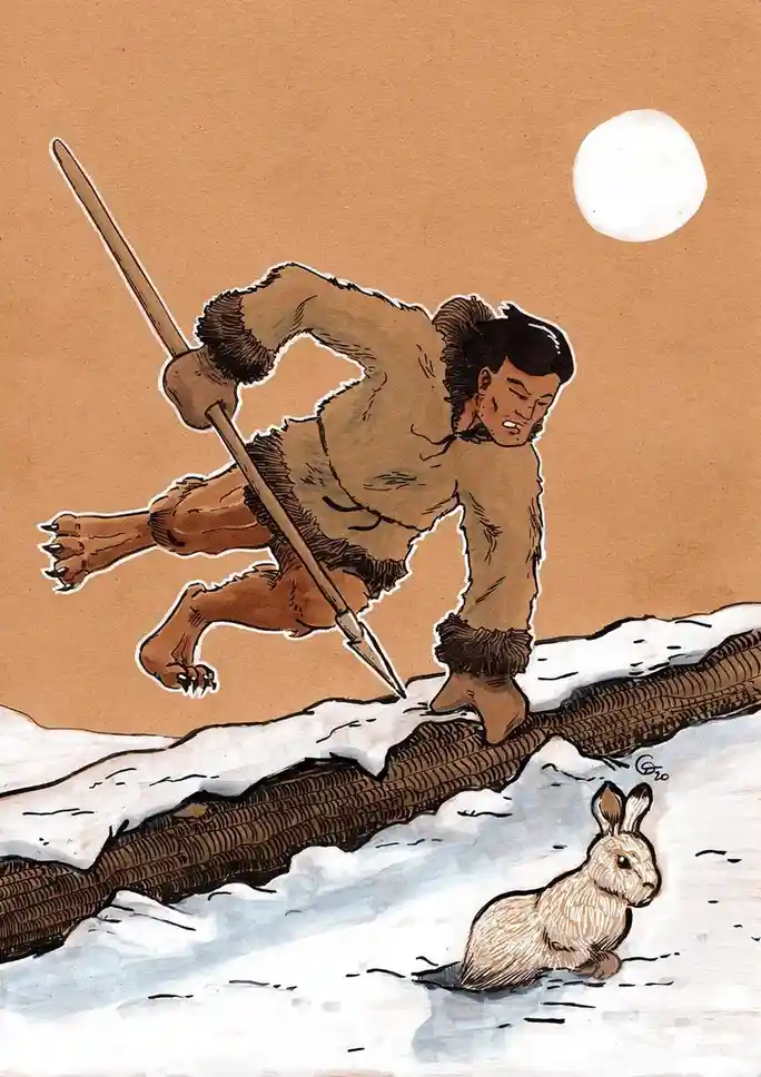 A cartoonish caveman with claws and a spear lunges across a snowy log toward a small rabbit sitting calmly below. The…