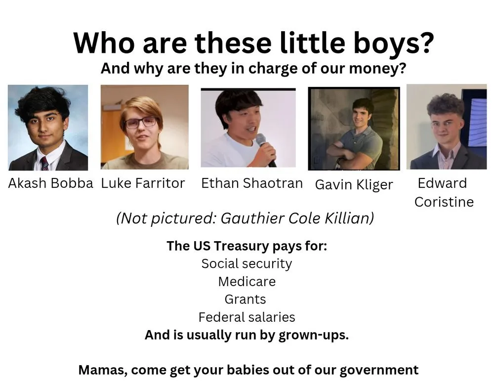 The image displays five young men's photos with their names underneath, labeled as 'little boys' in charge of money. Text…