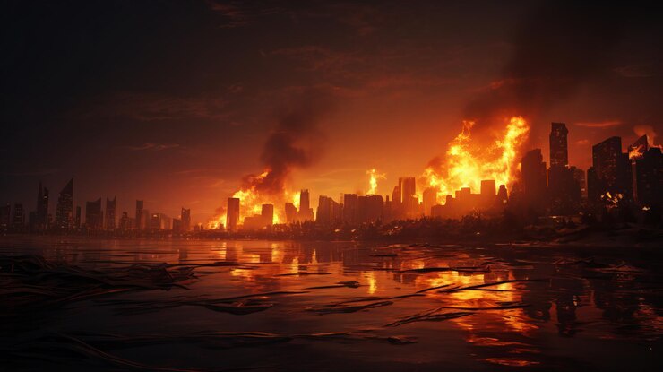 A dramatic image of a city skyline engulfed in massive fires and smoke, reflected in dark water in the foreground. The…