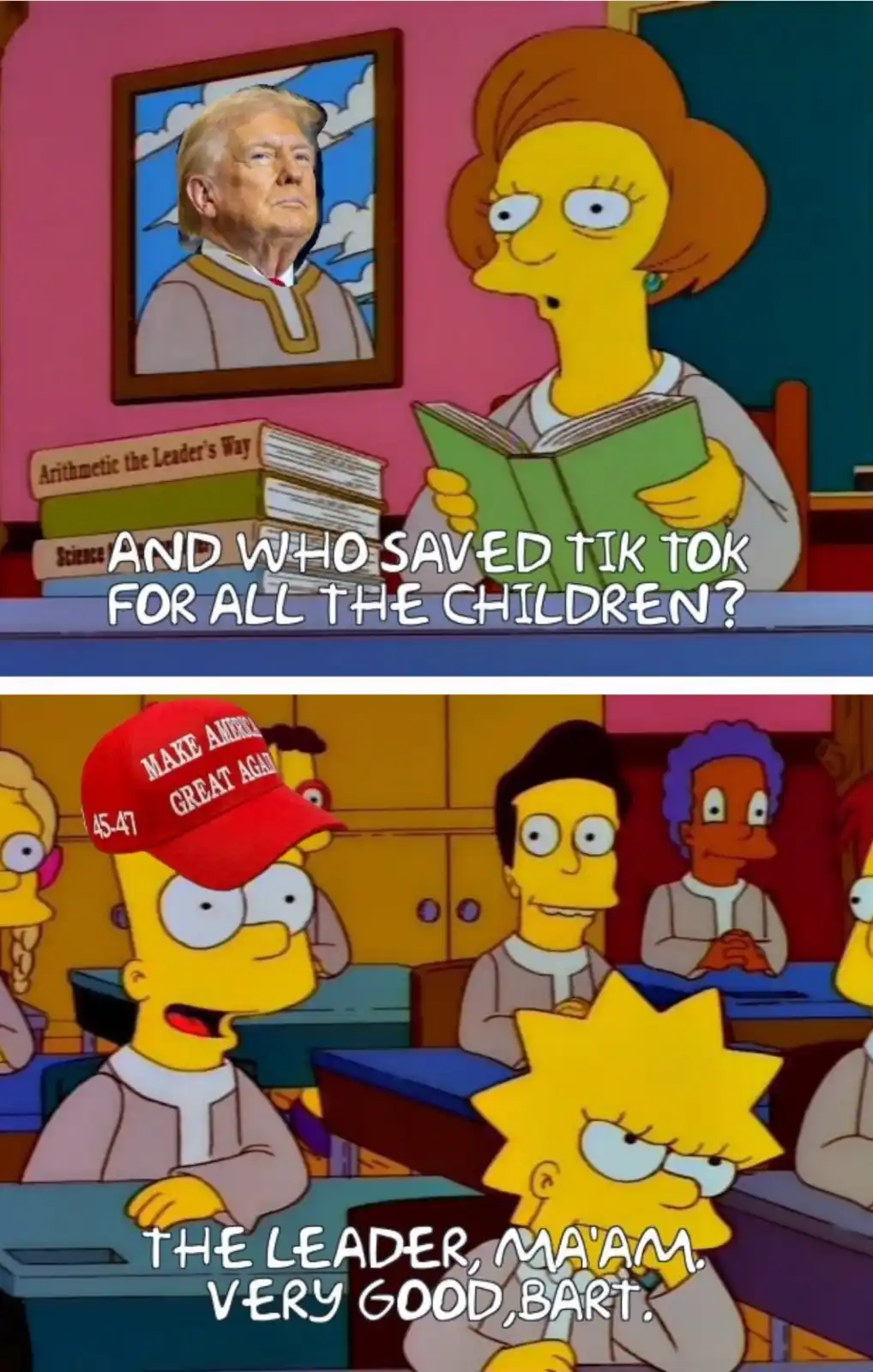 The top panel shows a Simpsons teacher holding a book, with a portrait of Donald Trump on the wall behind her, and text…