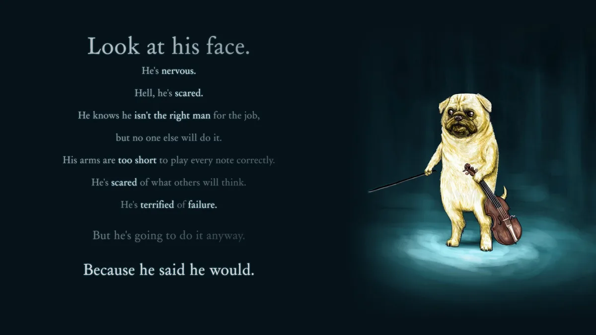 A pug dog stands on a stage under a spotlight, holding a violin and a conductor's baton, looking anxious. Text on the left…