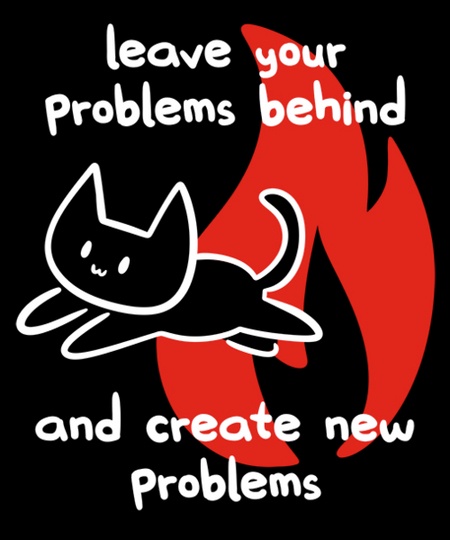 A black background features a simple white outline of a smiling cat leaping through a large red flame. White text above the…