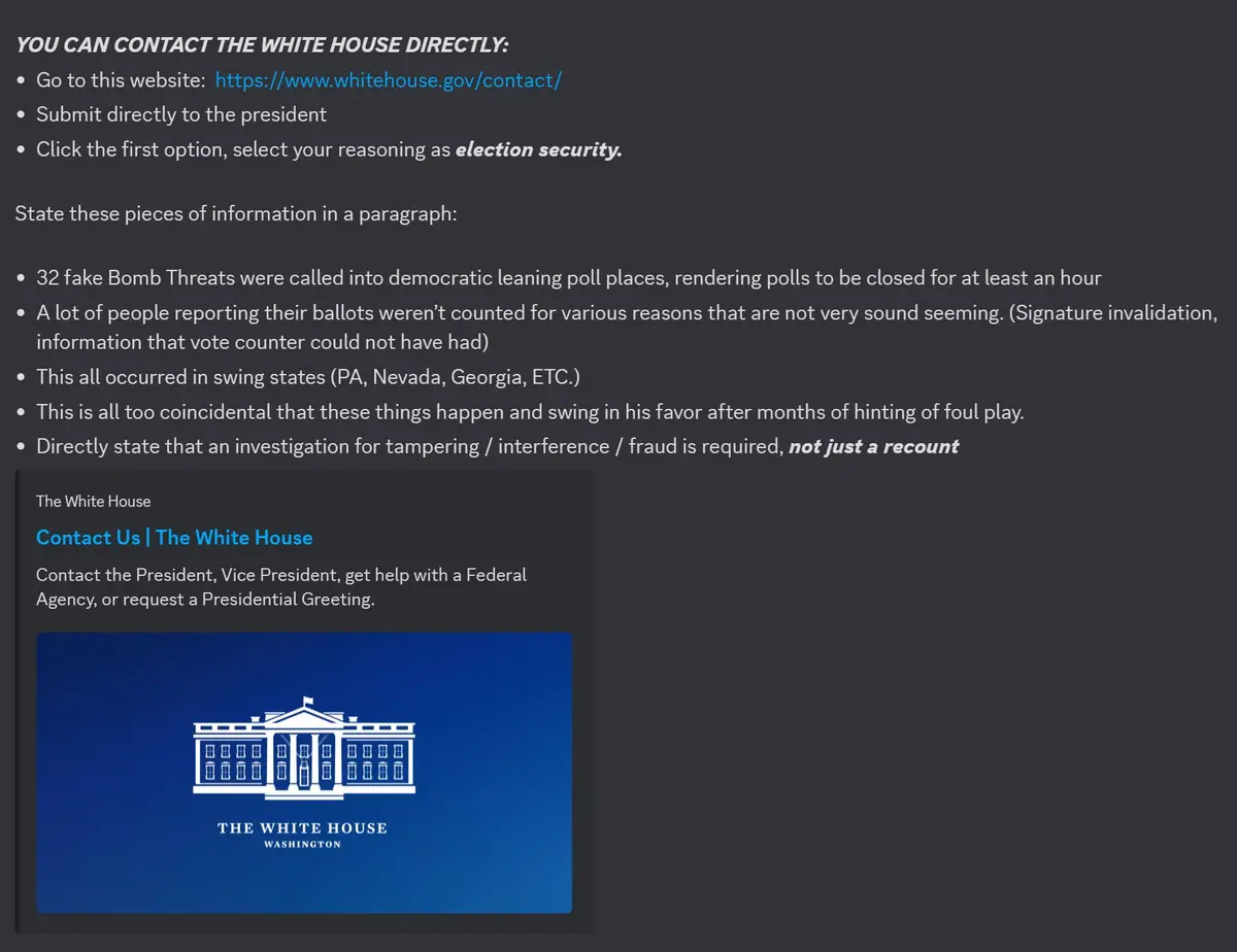 A screenshot of a White House contact page with overlaid text instructing users to submit a specific, conspiratorial message…