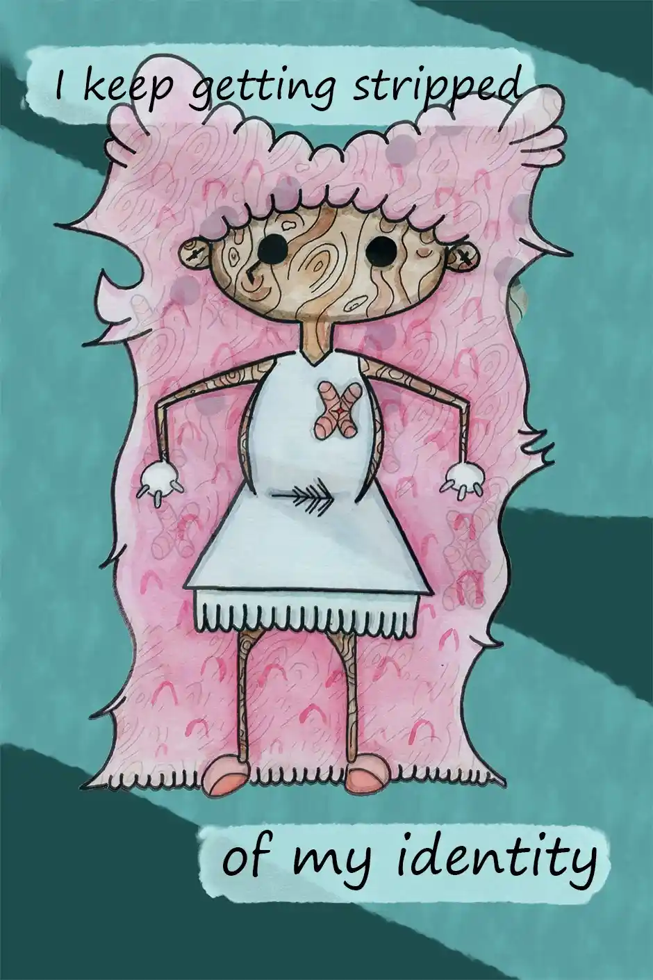 A cartoon drawing of a character with a wooden-textured face and limbs, wearing a white dress with an arrow and X on it…
