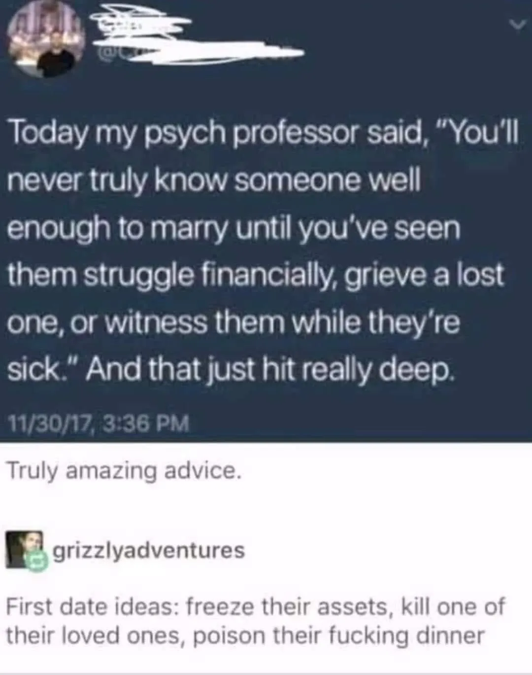 A screenshot of a social media thread where a user shares a profound psychology professor quote about knowing someone well…