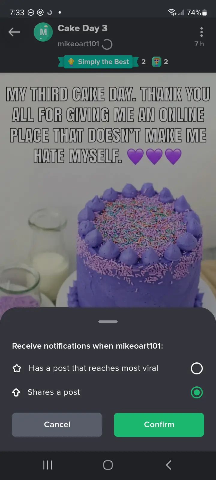 A screenshot of a social media post showing a purple-frosted cake with sprinkles, overlaid with text thanking followers for…