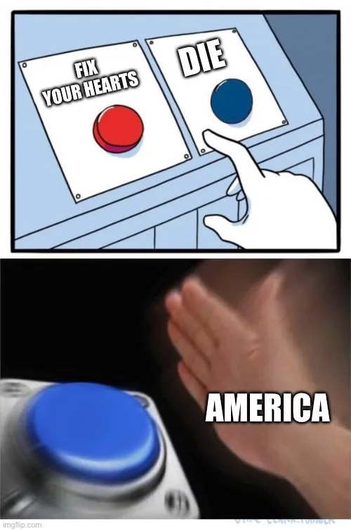 The top panel shows a hand hovering over a blue button labeled 'DIE' next to a red button labeled 'FIX YOUR HEARTS'. The…
