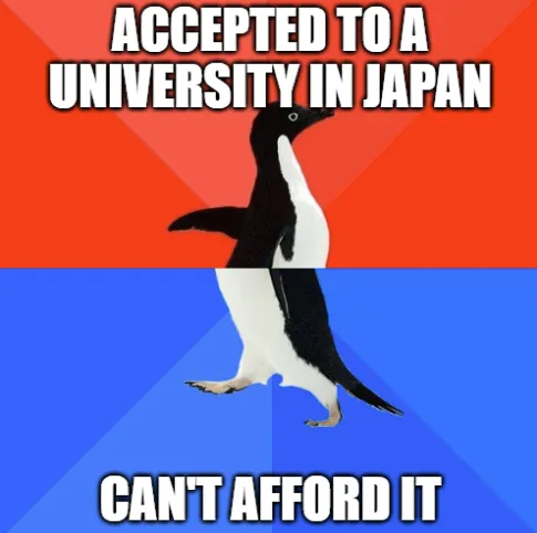 A penguin stands centered against a red and blue background, with bold white text at the top reading 'ACCEPTED TO A…