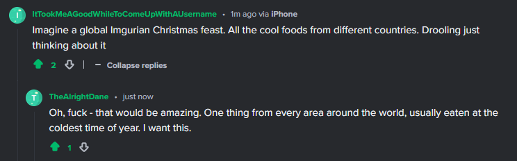 A screenshot of a Reddit comment thread where the top comment describes an imaginary global Christmas feast featuring foods…