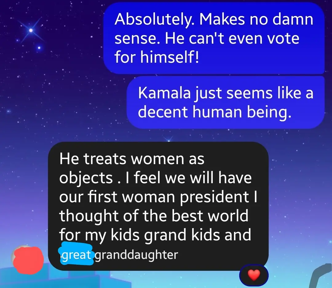 A screenshot of a text conversation with a starry night background, showing three message bubbles. The top bubble says…