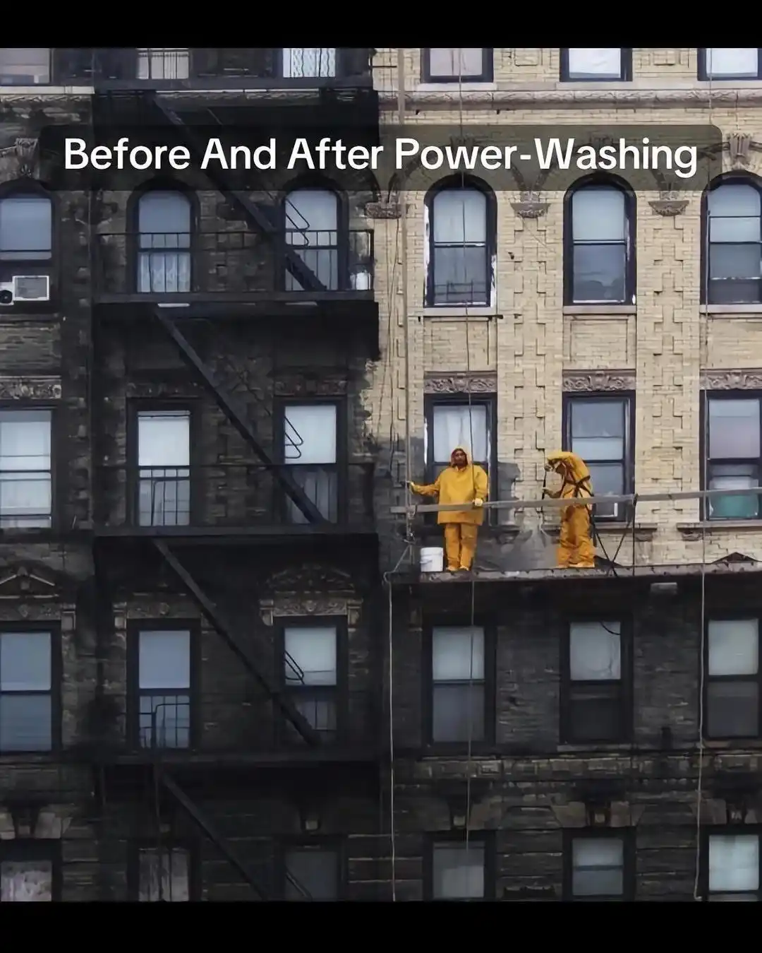 A split image shows a building facade, half grimy and dark, the other half clean and light-colored, with two workers in…