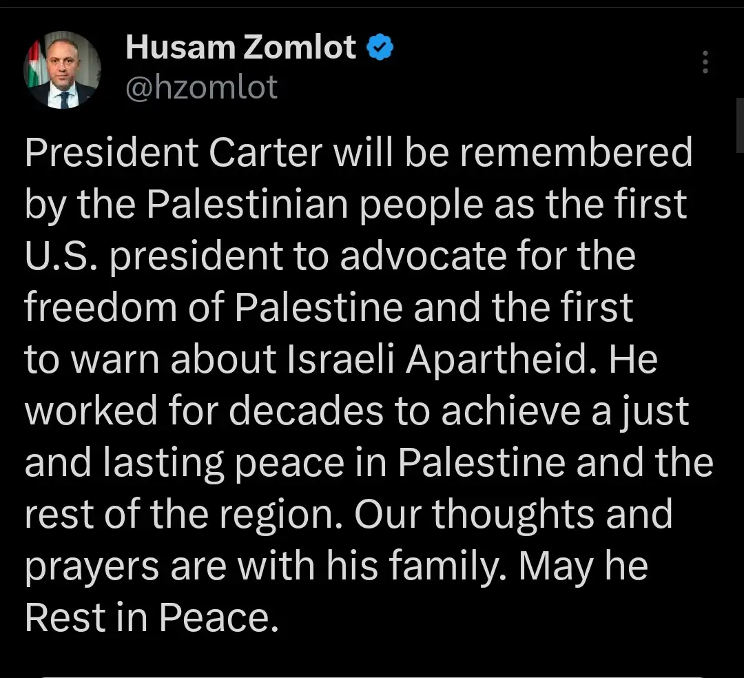 A screenshot of a tweet from Husam Zomlot (@hzomlot) with a black background and white text. The tweet praises President…