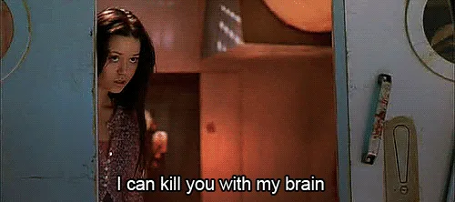 The image shows a repeated scene of a young woman with dark hair peeking out from behind a locker in a school hallway…