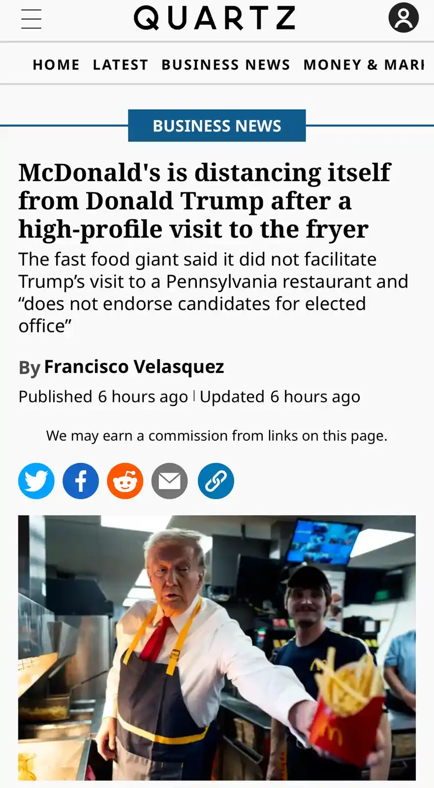 A screenshot of a Quartz news article about McDonald's distancing itself from Donald Trump after his visit to a Pennsylvania…