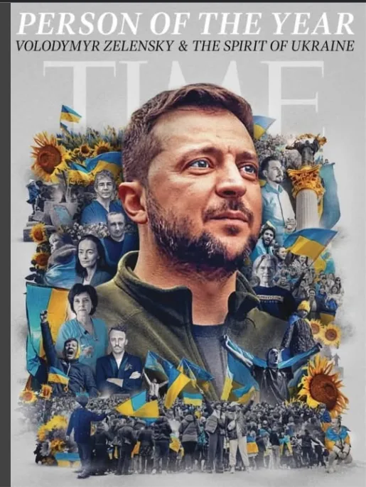 A TIME magazine cover featuring Volodymyr Zelenskyy as 'Person of the Year,' surrounded by a collage of Ukrainian citizens…