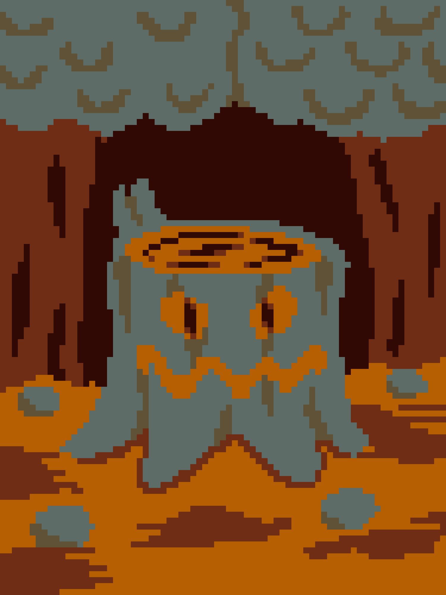 A pixel art image shows a character with dark hair and a blue-grey outfit, sitting in a desert-like environment with orange…