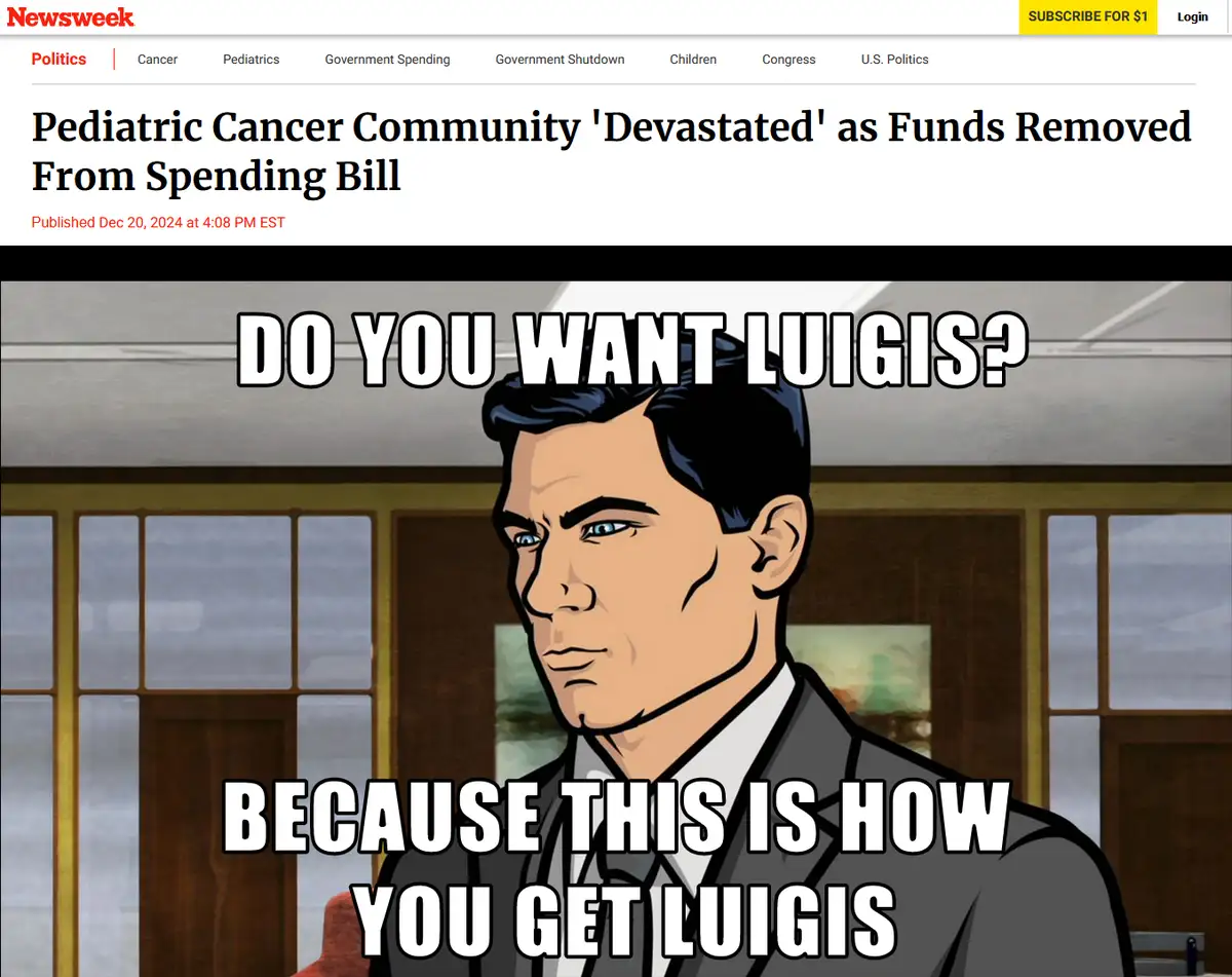 The image shows a screenshot of a Newsweek article about pediatric cancer funding being removed from a spending bill…