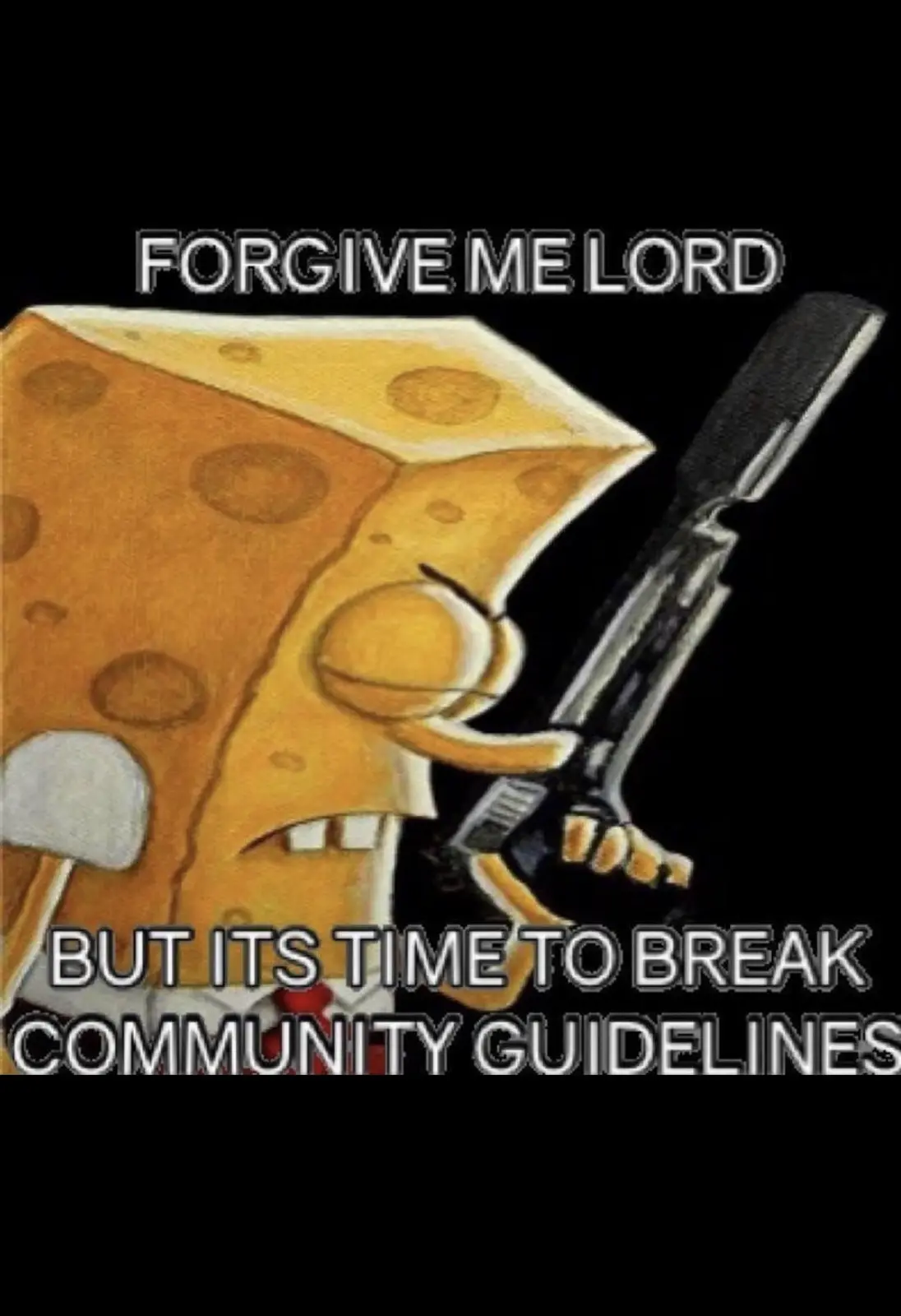 A cartoon character resembling a block of cheese with a face, wearing a white shirt and red tie, holds a black knife in a…