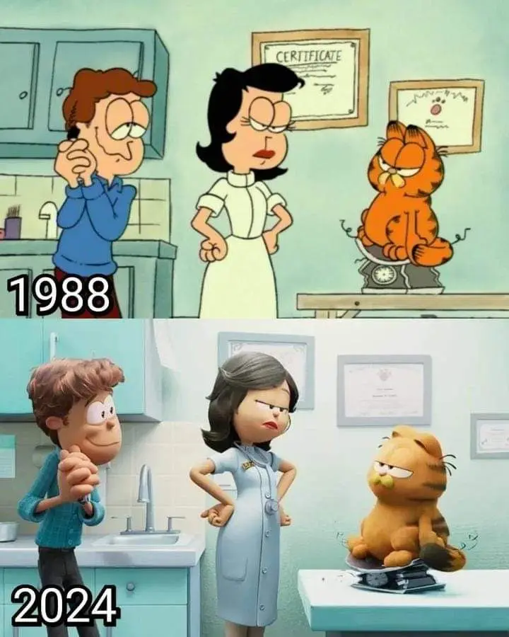 The meme shows two panels: the top is a 1988 cartoon scene of Jon, a woman in a white dress, and Garfield at a vet's office…