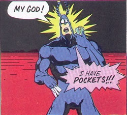 A muscular blue-skinned comic book character with a shocked expression, standing against a red and black background. He has…