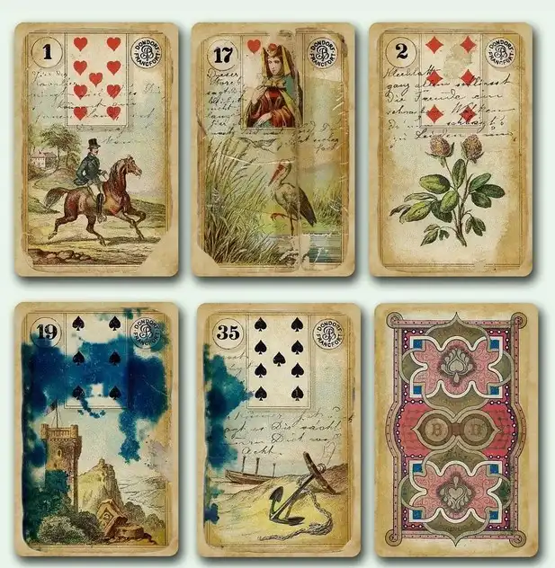 Six vintage-style playing cards arranged in two rows, each featuring unique illustrations: a man on horseback, a woman with…
