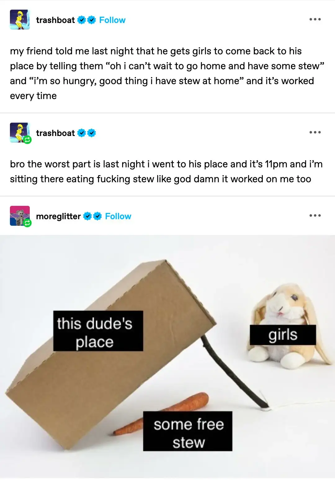 A cardboard box labeled 'this dude's place' is connected by a string to a plush rabbit labeled 'girls', which is in turn…